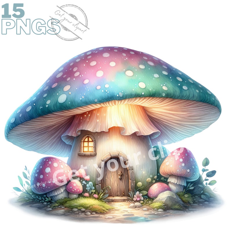 May include: A whimsical mushroom house with a pink and blue cap, a small door, and a window. The house is surrounded by green grass and flowers. There are two smaller mushrooms in the foreground.