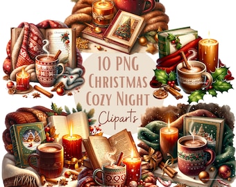 Cozy Christmas night watercolor clipart bundle, Christmas png bundle, Set of 10, Transparent Background, Commercial Use,