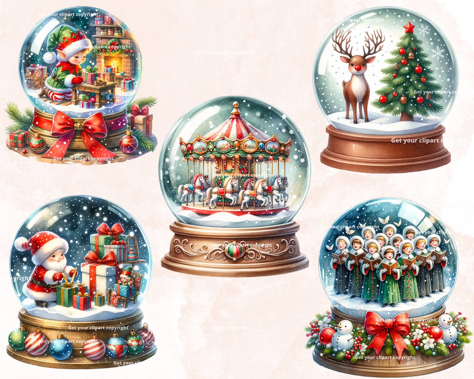 Christmas Snowglobe Clipart Bundle, Watercolor Christmas Clipart, PNG ...