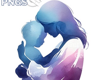 Puede incluir: Una pintura de acuarela de una madre y un niño abrazándose. La madre está representada en tonos de azul y morado, mientras que el niño está en tonos de azul. La imagen es una silueta, con las figuras delineadas contra un fondo blanco.
