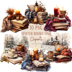Ensemble d'illustrations de livres et d'hiver, Cliparts de livres façon aquarelle pour tous vos projets créatifs et professionnels
