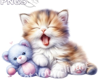Serie di illustrazioni di un gattino addormentato contro un peluche per tutti i tuoi progetti creativi e professionali, incluso l'uso commerciale
