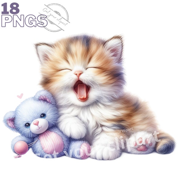 Cute sleepy kitten clipart bundle, Kitten clipart, Cute kitty graphics, Kitten pngs, With transparent background and commercial use