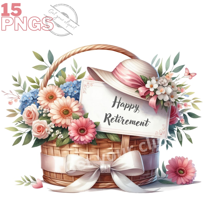 May include: A wicker basket filled with pink and white flowers, a white hat with a pink ribbon, and a card that reads "Happy Retirement".