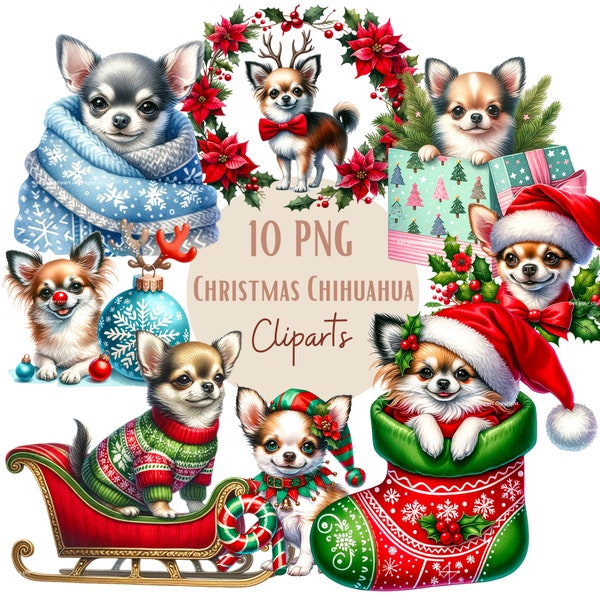 Christmas Chihuahua png graphics, Watercolor dog clipart, Set of 10, Transparent background, Commercial use, Instant download