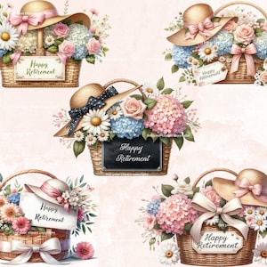 May include: Four wicker baskets filled with pink, blue, and white flowers, each with a straw hat and a sign that says "Happy Retirement".