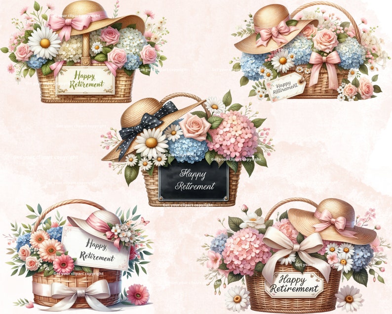 May include: Four wicker baskets filled with pink, blue, and white flowers, each with a straw hat and a sign that says "Happy Retirement".