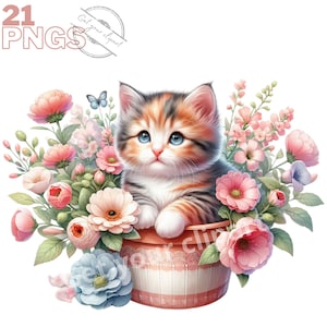 Set mit Kätzchen- und Blumenillustrationen, florale Cliparts für alle Ihre kreativen Projekte, kommerzielle Nutzung inklusive
