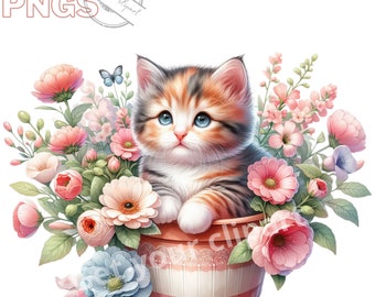 Baby cat and flowers clipart bundle, Kitten clipart, Cute cat graphics, Kitten designs, With transparent background and commercial use