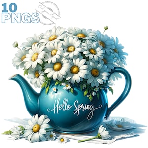 Ensemble d'illustrations de tasses à thé bleu et de Marguerites, clipart printanier pour tous vos projets créatifs, usage commercial inclus