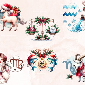 Puede incluir: Un conjunto de 12 signos del zod&iacute;aco con temas de vacaciones de invierno. Cada signo est&aacute; ilustrado con un dise&ntilde;o festivo, que incluye un caballo con un gorro de Pap&aacute; Noel, una cabra con una bufanda roja y un pez con un gorro de Pap&aacute; Noel. Los signos est&aacute;n rodeados de copos de nieve y acebo.