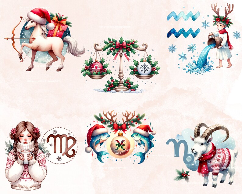 Puede incluir: Un conjunto de 12 signos del zod&iacute;aco con temas de vacaciones de invierno. Cada signo est&aacute; ilustrado con un dise&ntilde;o festivo, que incluye un caballo con un gorro de Pap&aacute; Noel, una cabra con una bufanda roja y un pez con un gorro de Pap&aacute; Noel. Los signos est&aacute;n rodeados de copos de nieve y acebo.