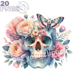 May include: A blue and white human skull with a pink and white butterfly perched on top. The skull is surrounded by pink and white flowers.