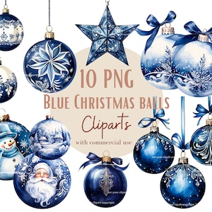 Ensemble d'illustrations de boule noël bleues, Cliparts de noël façon aquarelle pour tous vos projets créatifs et professionnels