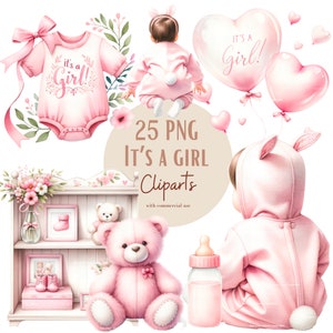 Girl Babyshower Cliparts bundle, It's a girl png files, Pink babyshower png, gender reveal party png, Transparent background, Commercial use