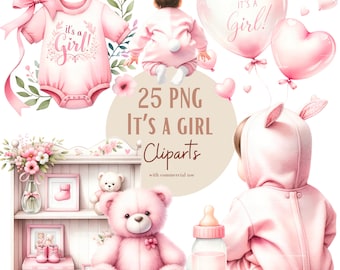 Girl Babyshower Cliparts bundle, It's a girl png files, Pink babyshower png, gender reveal party png, Transparent background, Commercial use