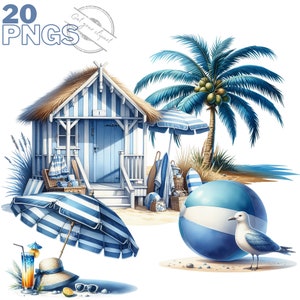Conjunto de imágenes prediseñadas de vacaciones, imagen de playa para sus proyectos creativos, uso comercial incluido, imágenes prediseñadas de cóctel de acuarela