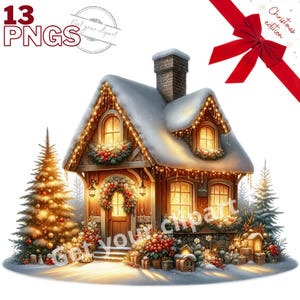 Images de chalets de Noël, Forêt de Noël, images PNG d'hiver pour vos projets créatifs ou professionnels, usage commercial inclus