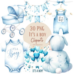 Boy Babyshower Cliparts bundle, It's a boy png files, Blue babyshower png, gender reveal party png, Transparent background, Commercial use