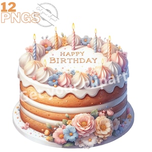 Ensemble d'illustrations de Gâteaux d'anniversaire, Cliparts de cakes en fleurs façon aquarelle pour tous vos projets créatifs