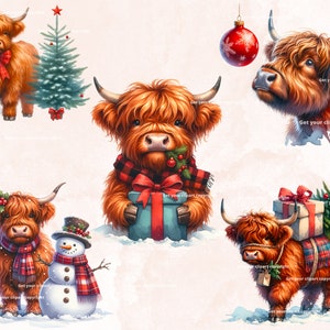 May include: Six digital illustrations of Highland cows in various Christmas-themed scenes. One cow is wearing a red bow, another is holding a blue gift box, another is wearing a red and black plaid scarf, another is pulling a sled with a Christmas tree, another is wearing a red and black plaid scarf and a snowman is standing next to it, and another is wearing a red and black plaid scarf and is pulling a sled with a gift box.