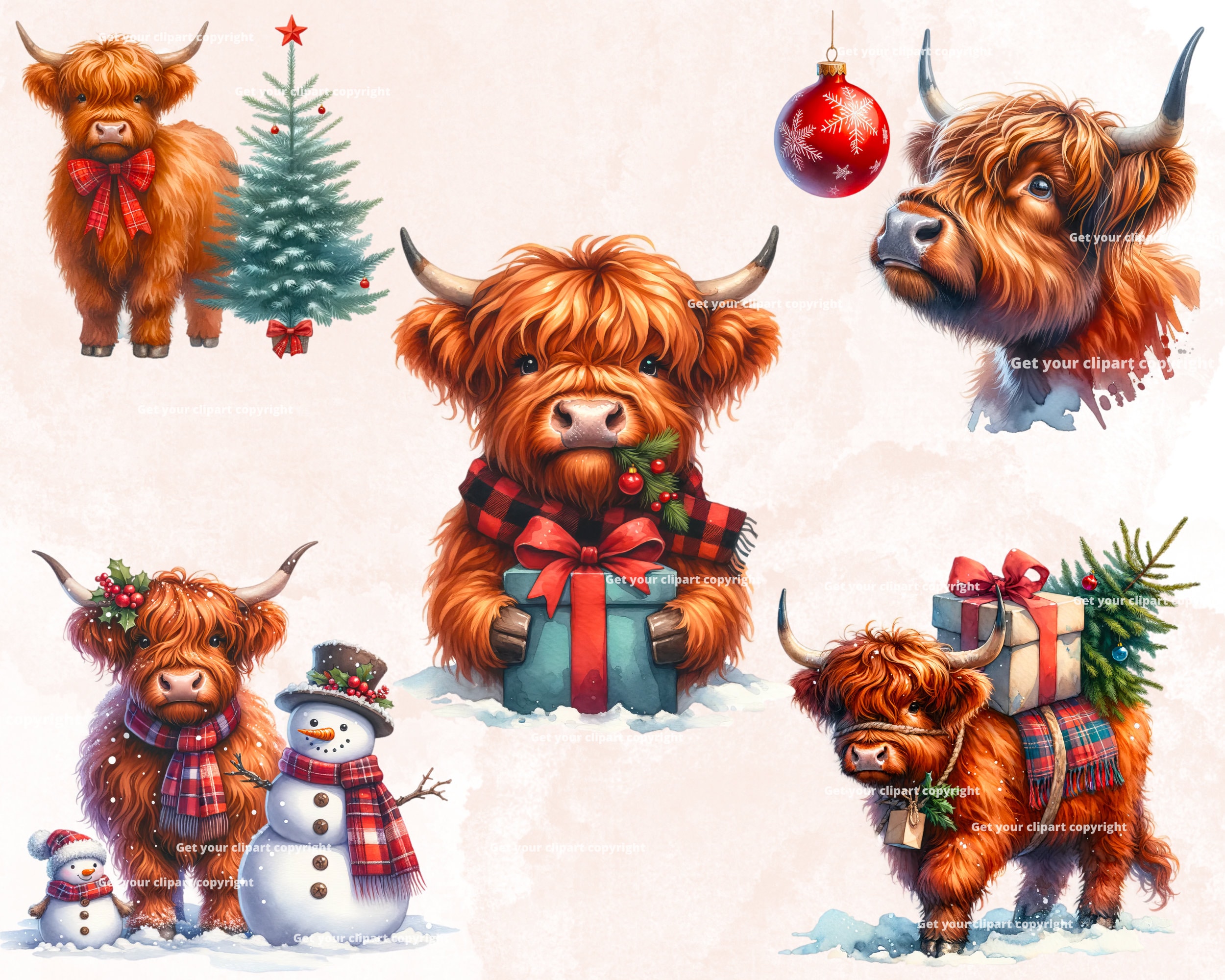 Christmas Highland Cow Clipart Bundle, Scottish Highland Cow, Set of 10 ...