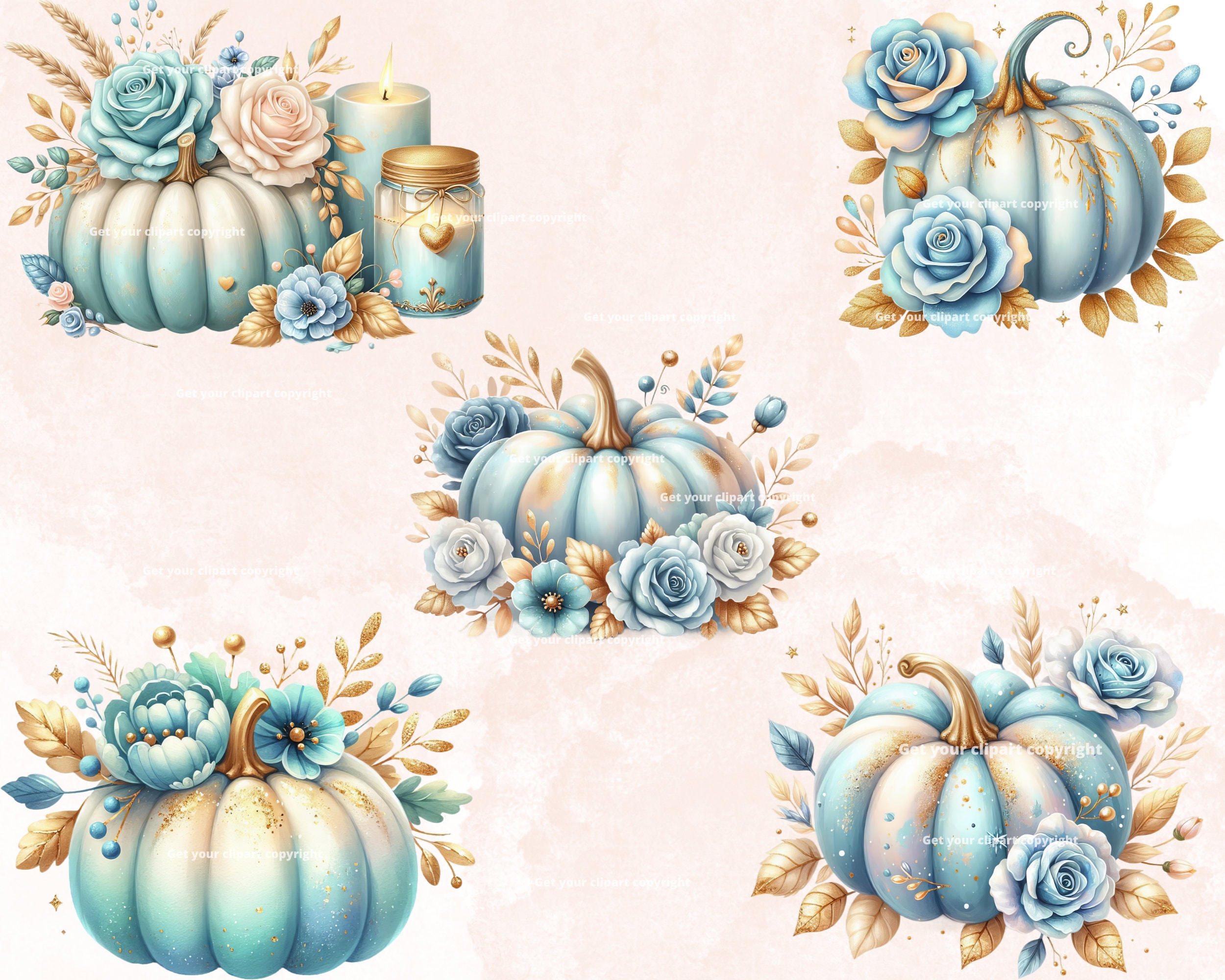 Blue Pumpkin Clipart Bundle, Floral Pumpkin Graphics, Fall Printable ...