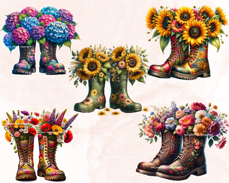 May include: Four pairs of rain boots decorated with colorful flowers. The boots are all different styles and colors, and the flowers are arranged in a variety of ways. The boots are a fun and whimsical way to add a touch of spring to any outfit.