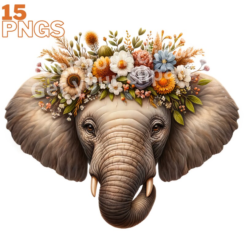 May include: A close-up of an elephant's face with a floral crown made of various flowers in shades of yellow, orange, white, pink, and blue. The elephant's trunk is curled up and its eyes are closed.
