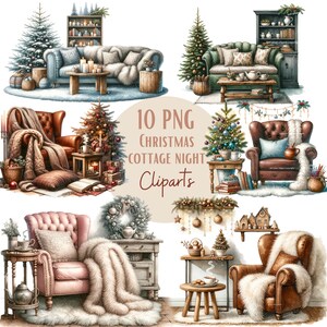 Ensemble d'illustrations de coins cosy de Noël, Cliparts de noël façon aquarelle pour tous vos projets créatifs et professionnels
