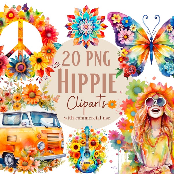 Ensemble d'illustrations Hippies, Cliparts hippies façon aquarelle pour tous vos projets créatifs et professionnels