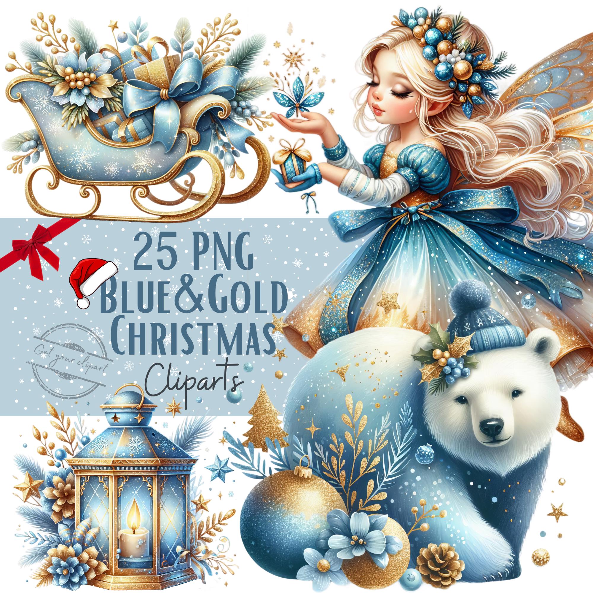 Blue and gold Christmas clipart bundle, Snowman png graphics, Santa Claus png files, Christmas clipart bundle, Christmas png bundle