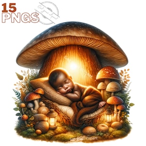 Ensemble d'illustrations de doux bébés dans un champignon pour baby shower, Cliparts façon aquarelle pour tous vos projets créatifs