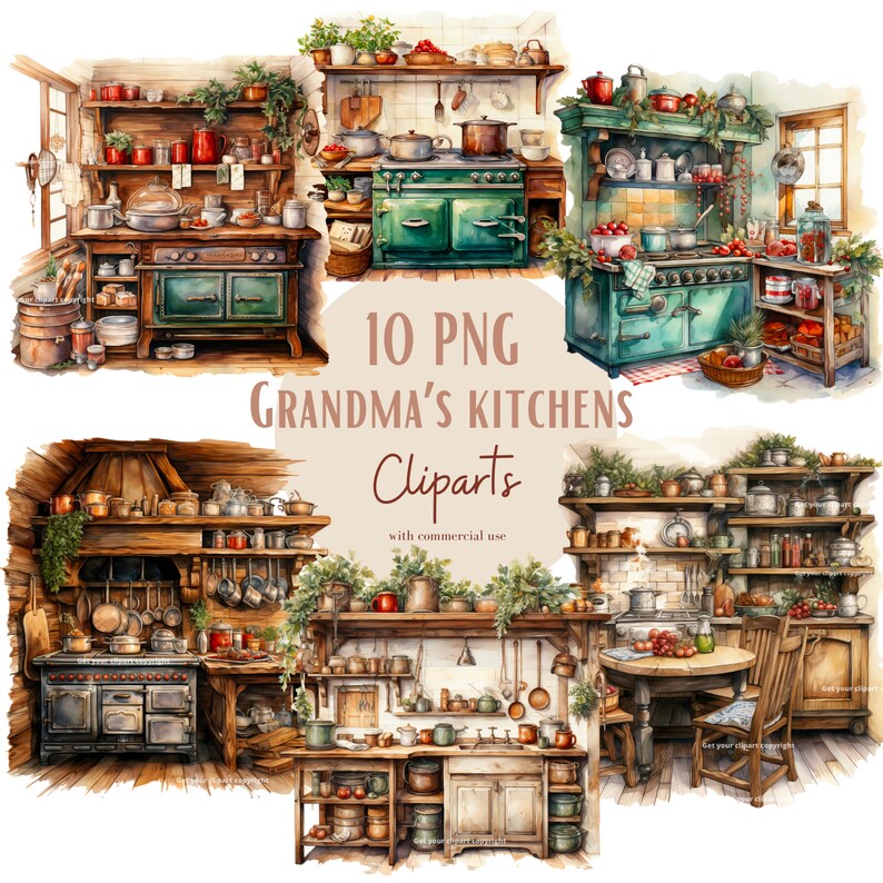Watercolor Kitchens Clipart Bundle, Transparent Background, Commercial ...
