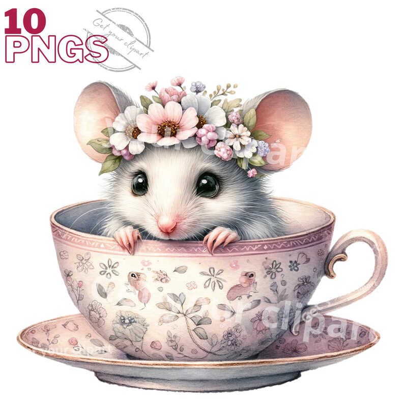 Mouse In Teacup Mice in Tea Cup Clipart Bundle, Mice Pngs, Watercolor Mice Graphics ...