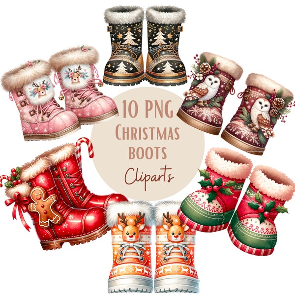 Christmas boots clipart bundle, Christmas clipart, Winter boots png graphics, Christmas sublimation, Transparent background, Commercial Use