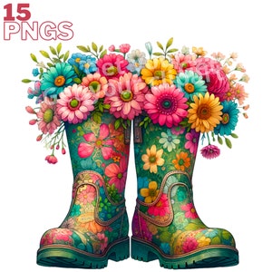 Garden boots clipart bundle, Hello spring png designs, Garden clipart, Flowers, Spring graphics, Transparent background, Commercial use