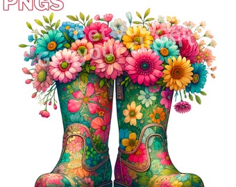 Garden boots clipart bundle, Hello spring png designs, Garden clipart, Flowers, Spring graphics, Transparent background, Commercial use