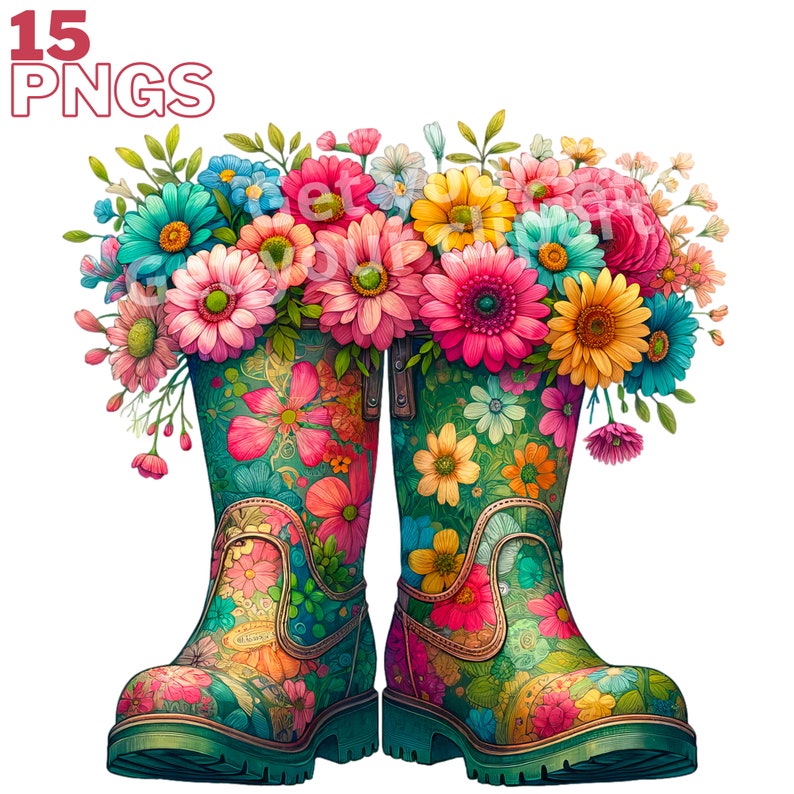 May include: A pair of colorful rain boots with a floral pattern. The boots are filled with a bouquet of pink, yellow, and blue flowers.