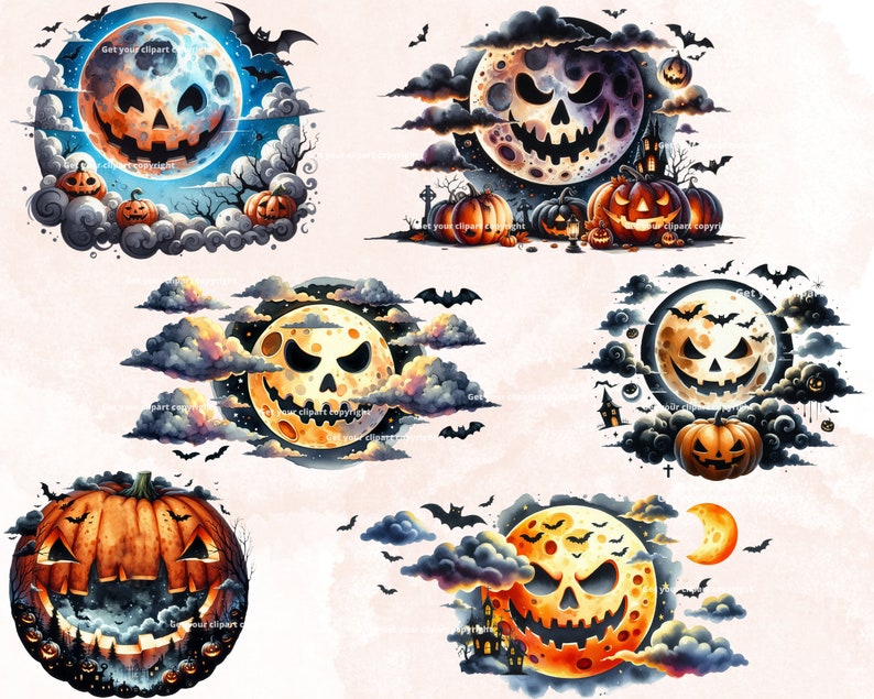 Halloween Spooky Moon Clipart Bundle, Spooky Halloween Png Graphics ...