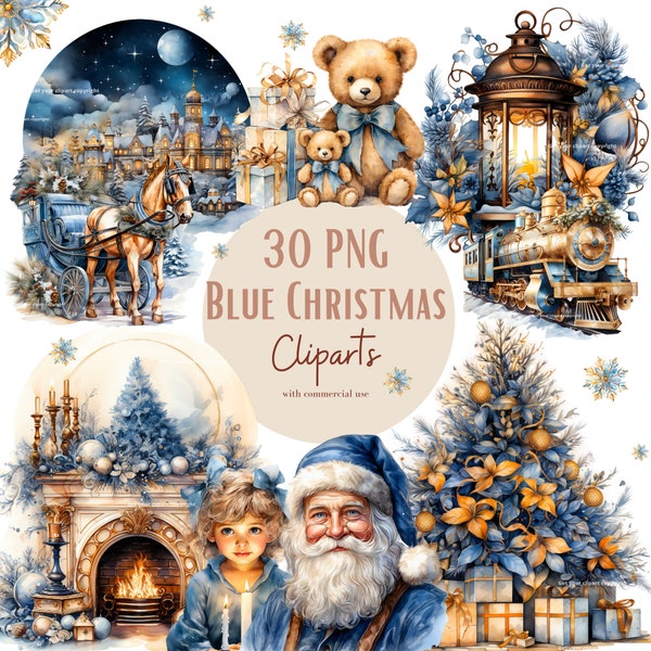 Blue Christmas clipart bundle, Snowman png graphics, Santa Claus png files, Christmas clipart bundle, Christmas png bundle,