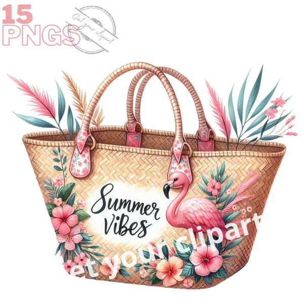 Sac de plage floral, Set de cliparts d'été, Set d'images de sac de plage pour vos projets créatifs avec usage commercial