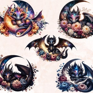 May include: Four digital illustrations of baby dragons curled up on crescent moons with floral accents. Each dragon has a galaxy pattern on its wings and body. The moons are surrounded by flowers in shades of pink, purple, blue, and yellow.