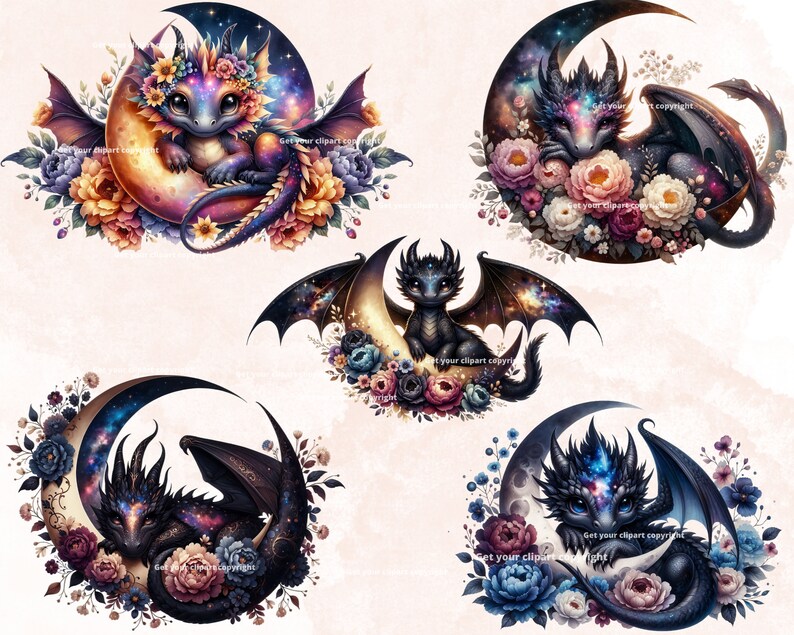 May include: Four digital illustrations of baby dragons curled up on crescent moons with floral accents. Each dragon has a galaxy pattern on its wings and body. The moons are surrounded by flowers in shades of pink, purple, blue, and yellow.