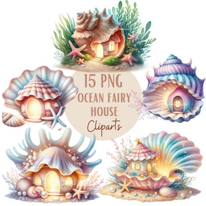 K&ouml;nnte beinhalten: 15 PNG Ocean Fairy House Cliparts. Ein Set mit f&uuml;nf Illustrationen von fantasievollen Feenh&auml;usern aus Muscheln. Jedes Haus hat ein anderes Design und eine andere Farbgebung. Die H&auml;user sind von Seegras, Seesternen und Perlen umgeben.