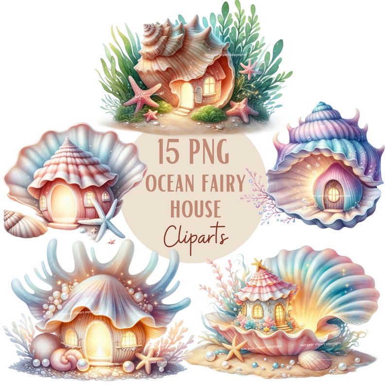 K&ouml;nnte beinhalten: 15 PNG Ocean Fairy House Cliparts. Ein Set mit f&uuml;nf Illustrationen von fantasievollen Feenh&auml;usern aus Muscheln. Jedes Haus hat ein anderes Design und eine andere Farbgebung. Die H&auml;user sind von Seegras, Seesternen und Perlen umgeben.