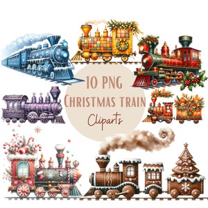 Conjunto de ilustraciones de trenes navideños, imágenes prediseñadas de invierno para todos tus proyectos creativos y profesionales, uso comercial incluido