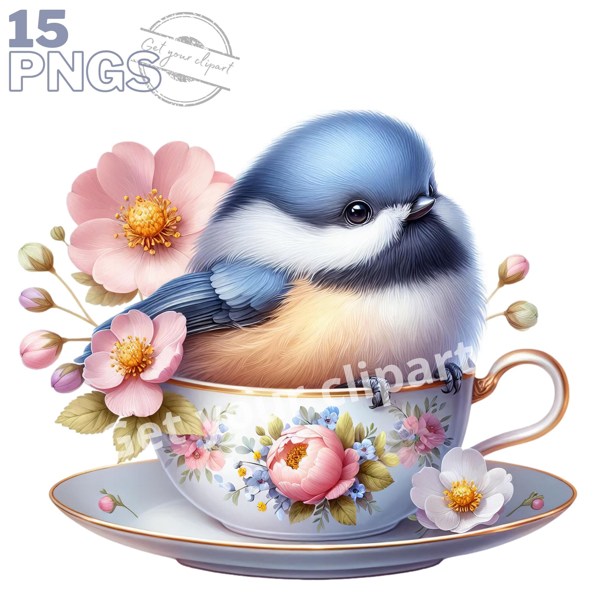ティーカップの中の鳥のイラストのセット、すべての創造的で