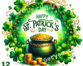 Saint Patrick's day Clipart bundle, festive png graphics, St Patrick's graphics, Transparent background and Commercial use, Set of 12