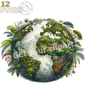 Peut inclure: Une illustration de la Terre, repr&eacute;sent&eacute;e dans des tons de vert et de bleu, avec une v&eacute;g&eacute;tation luxuriante et des fleurs recouvrant les continents. Le texte "Get your clipart" est visible dans un tampon circulaire.